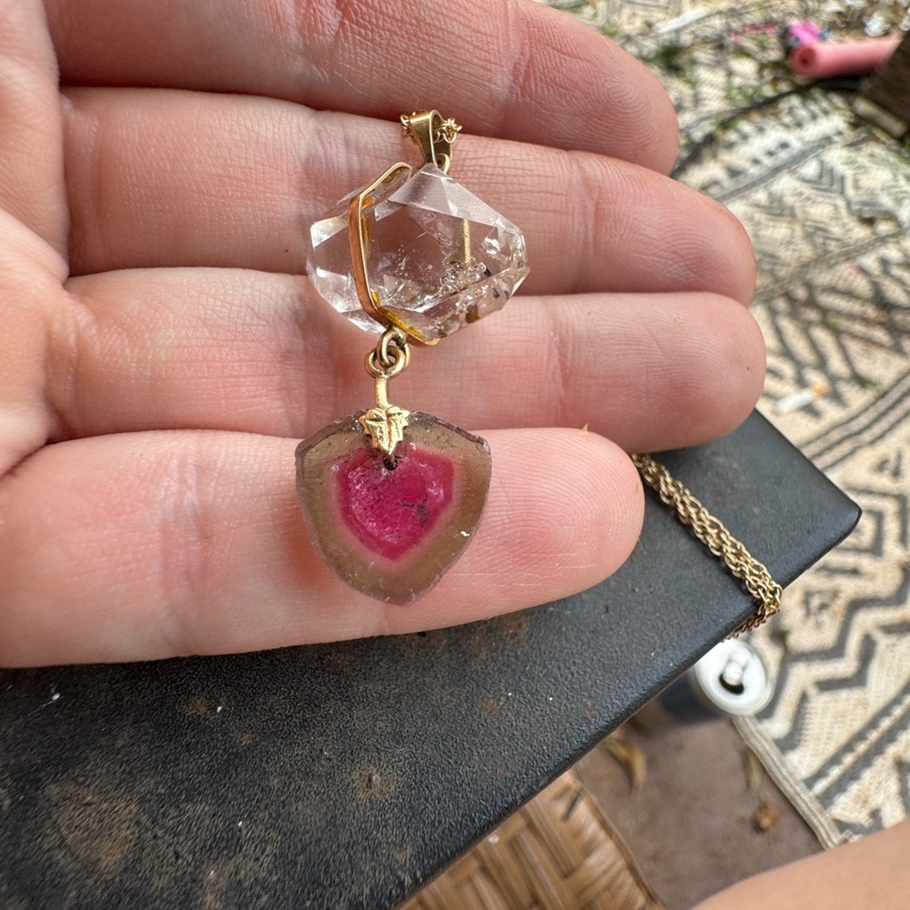 Rare solid 14k gold genuine watermelon tourmaline/herkimer diamond necklace$1890 - Picture 12 of 14